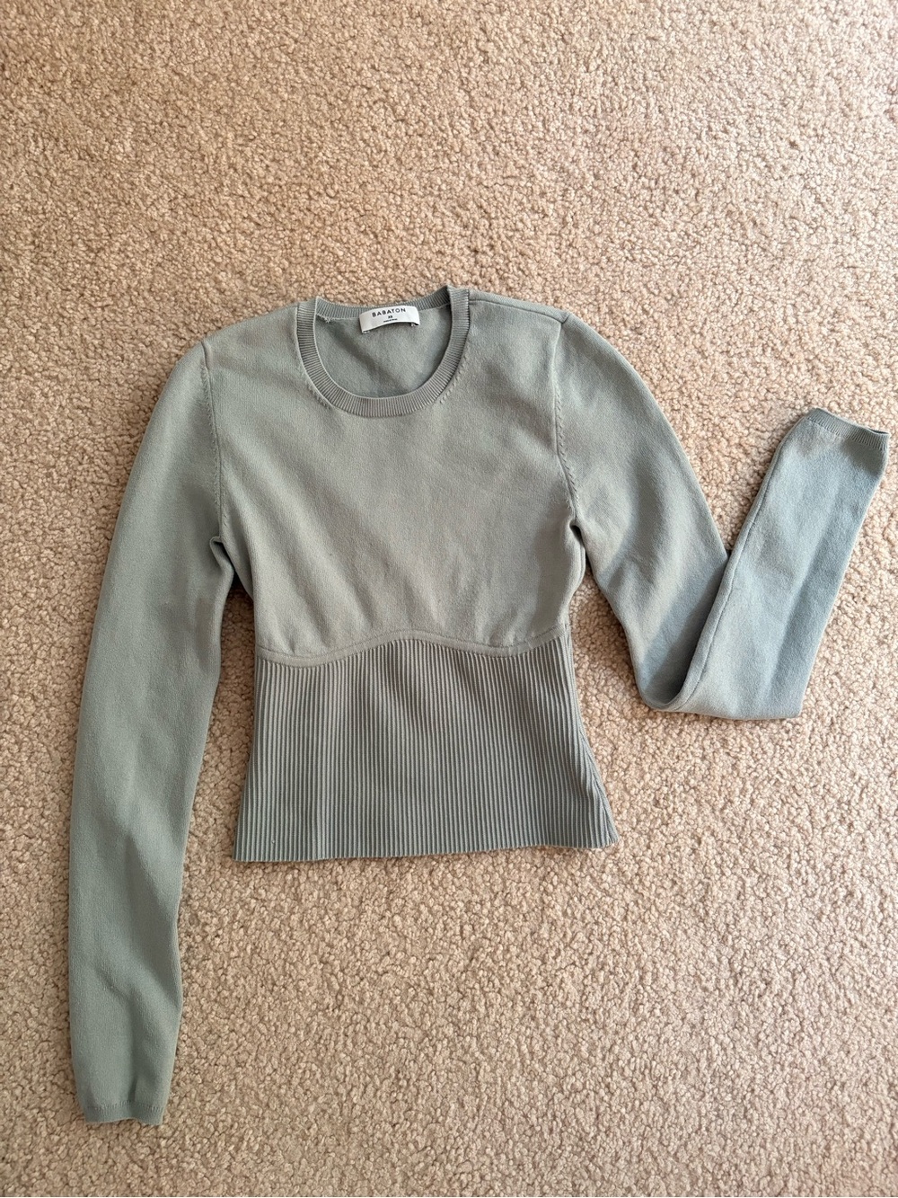 Babaton Sage Green Ribbed Waist Long Sleeve Top